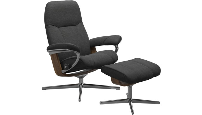 Stressless Consul Cross Recliner and Stool in Peony Charcoal Fabric with Polished Base